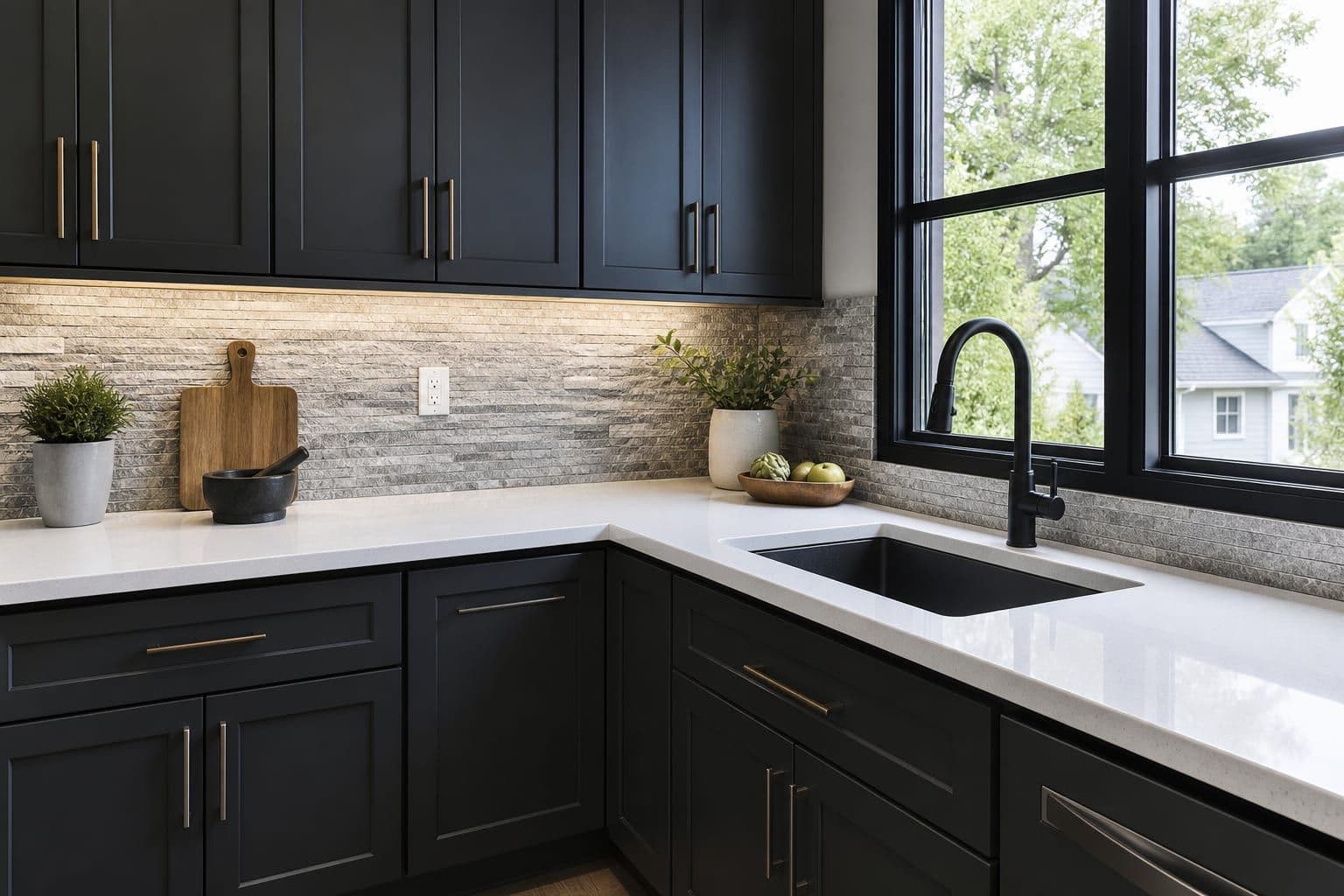 Modern kitchen with high-gloss white stone countertop and textured stone backsplash