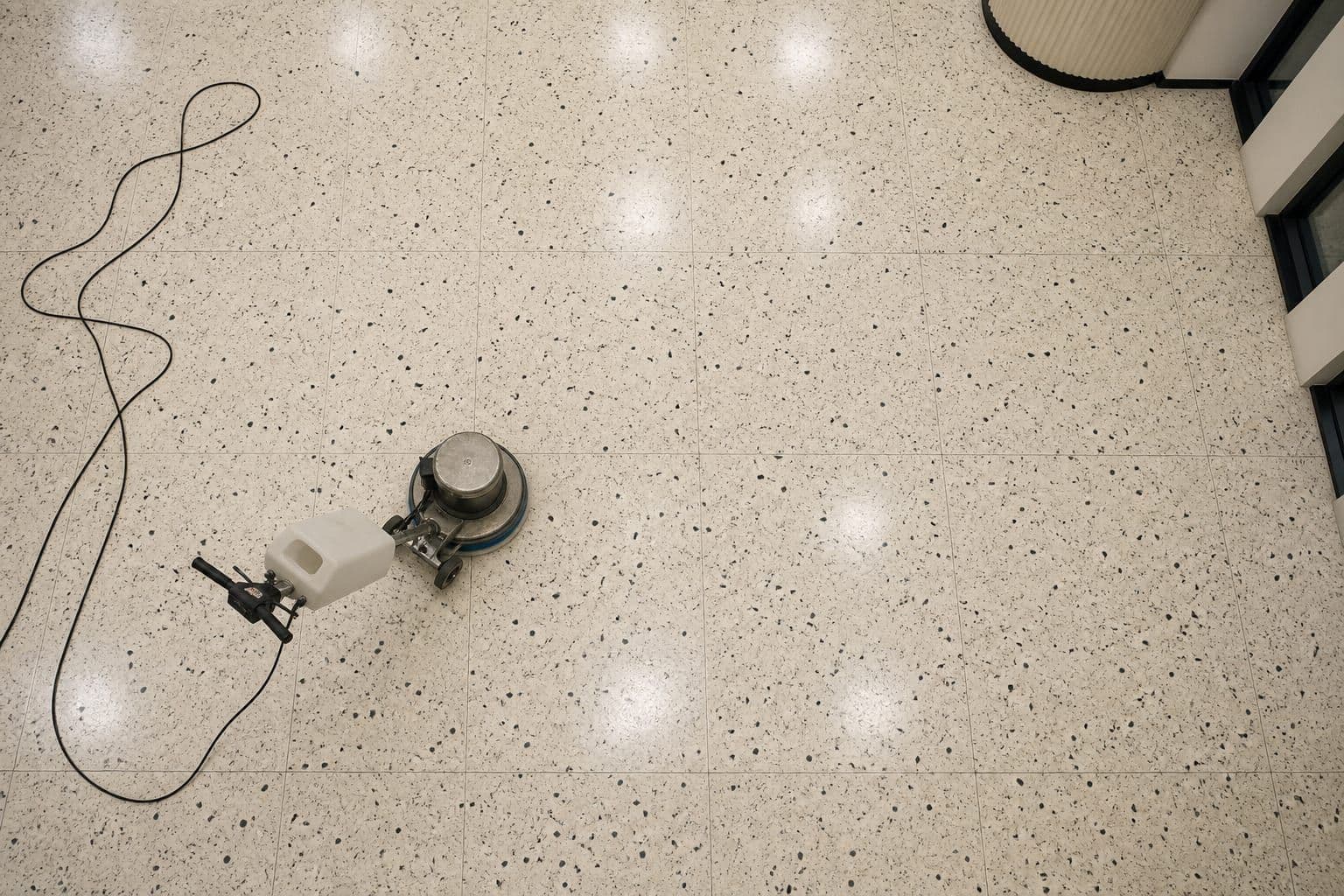 Large-scale cream terrazzo floor tiles in a precise grid layout