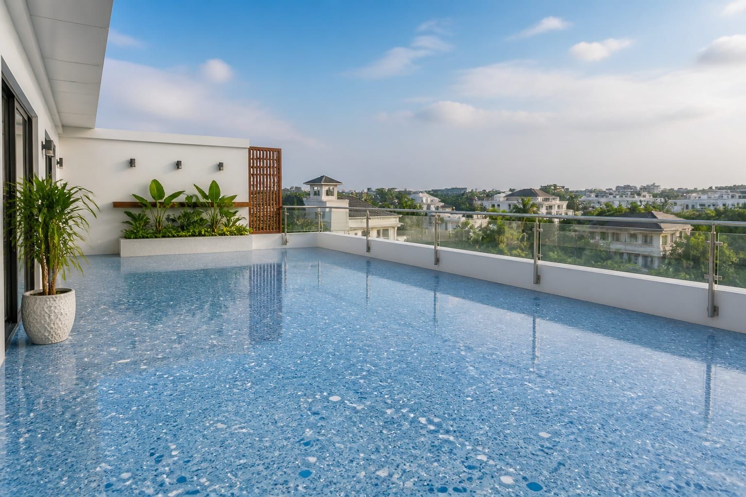 Wide outdoor terrace with polished sky-blue terrazzo flooring